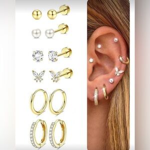 NIP Butterfly Zirconia + Round Stud Earring Set 14K Gold Plated (2 sets)